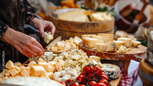Friends sampling different types of cheese at a cheese vendor's stall. Dynamic and dramatic composition, with cope space