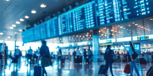 A blurred image of travelers at an airport with focus on the flight information departure board