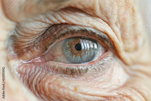 A closeup on a senior woman eye with signs of cataract highlighting the cloudiness in the pupil