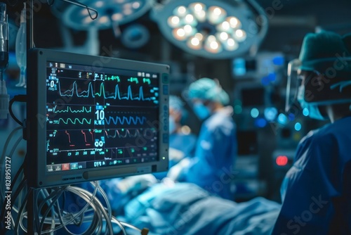 A medical monitor displaying vital signs with a blurred backdrop of a surgical team performing a procedure in an operating room