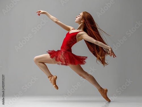 A young woman in a red dress is leaping into the air while wearing ballet slippers. Concept of grace and elegance, as the woman's movements are fluid and controlled