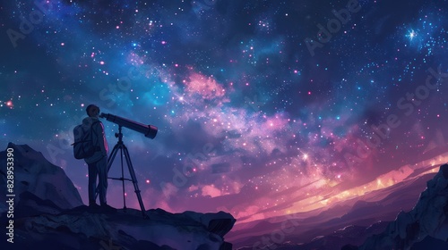 A silhouette of an astronomer using a telescope under a stunning night sky filled with stars and colorful nebulae.