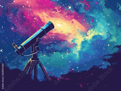 A telescope pointing towards a vibrant, star-filled galaxy with colorful nebulas in a night sky.