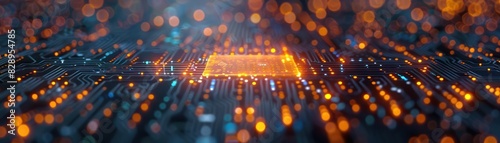 Close-up of a glowing microchip on a circuit board, showcasing advanced technology and microelectronics in a digital landscape.