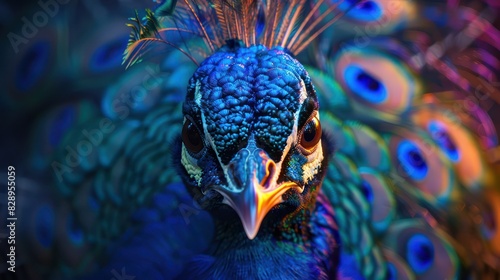 Close-up of a vibrant peacock showcasing its iridescent feathers and striking plumage in a detailed macro shot.