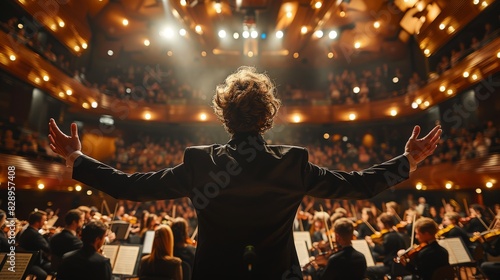 Rear view of a conductor with arms raised leading a symphony orchestra in an elegant concert hall