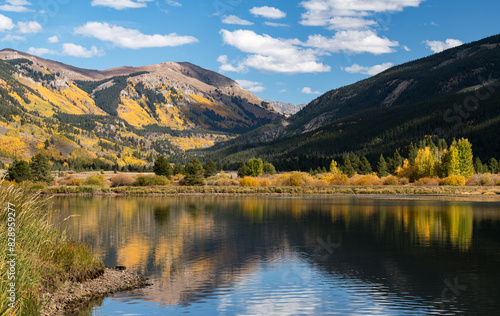 Camp Hale-Continental Divide National Monument, Colorado. Historic, prehistoric, natural and recreational area in central Colorado. Camp Hale Pond reflects the autumn landscape of this historic area. 