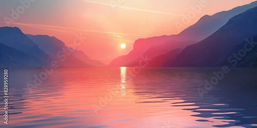 Scenic landscape with the sun setting behind mountains and reflecting on a serene lake