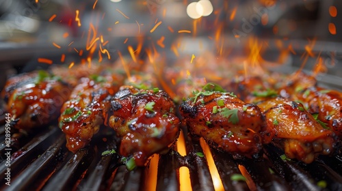 Fiery grilled chicken wings with sparks and flames on a barbecue grill at night