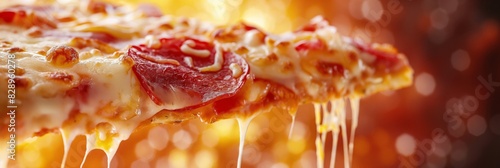 This image features a close-up view of a cheesy pizza slice with melted cheese and pepperoni toppings, highlighting the textures