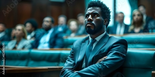 Serious courtroom drama portrays the balance and solemnity of the legal system. Concept Courtroom Setting, Legal System, Serious Drama, Tense Moments