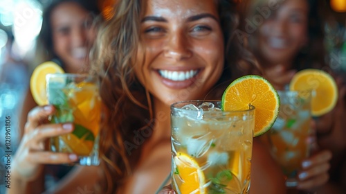 Cheerful woman holding a refreshing glass of iced tea, surrounded by friends