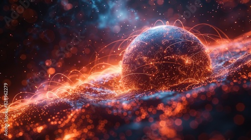 Sparkly, fiery representation of the globe with a swarm of particles around it