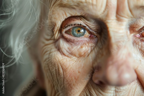 A senior woman gaze with a cataract with the focus on her eye and the expression of concern on her face suggesting the impact of the condition