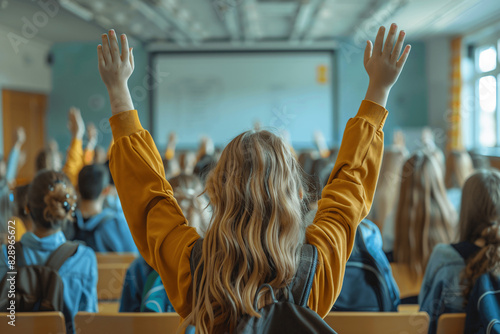 Rear View of Students Raising Hands in University Class