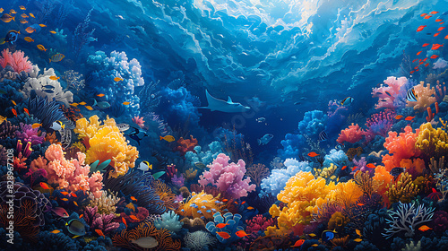 illustration of colorful coral reefs teeming with marine life including tropical fish sea turtles and majestic manta rays