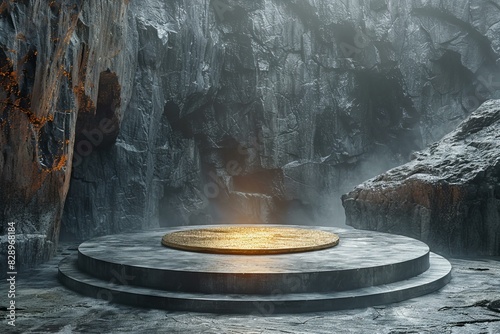 Digital artwork of circular platform with gold in the center of the stage in gloomy cave 