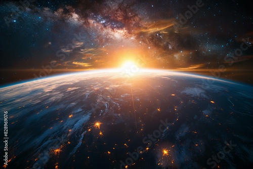 Digital artwork of the earth and galaxy showing the rising sun and milky way
