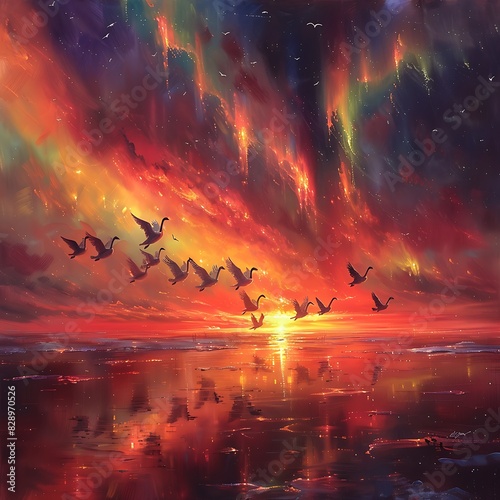 mesmerizing painting depicting surreal dreamscape where flock of migrating Swans Cygnus take flight across sky ablaze color of aurora borealis their graceful form silhouetted against mesmerizing displ