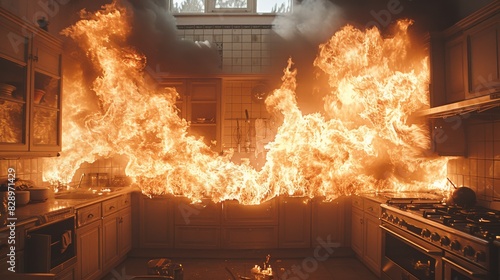 A residential kitchen completely overtaken by a gigantic fire, highlighting extreme danger and emergency
