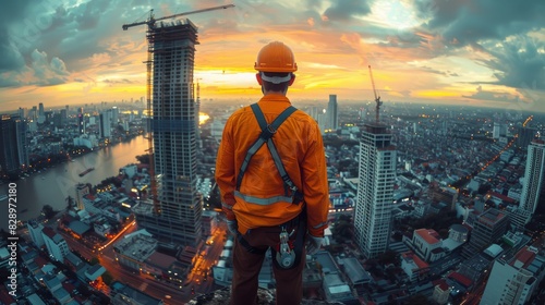 A builder in an orange safety vest and helmet stands high above the city skyline at sunset, contemplating the urban landscape