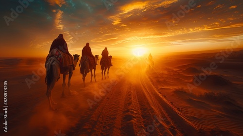 A breathtaking view of a camel caravan traversing the desert dunes under a vibrant sunset sky