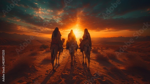 A caravan of camels walks in line, their silhouettes etched against the desert sunset