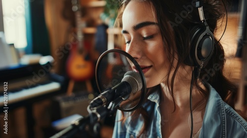 Young Woman Recording Music in a Cozy Home Studio with Headphones and Microphone - Music Production and Creativity Concept