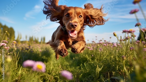 Energetic Cocker Spaniel Playfully Running in Wildflower Field under Sunny Sky