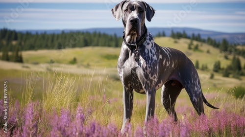Majestic Great Dane Standing Tall in Meadow Among Wildflowers with Distant Hills and Cloudy Sky