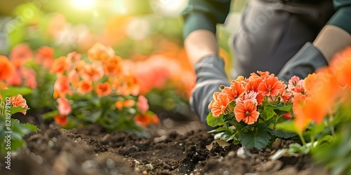 Gardener sharing tips and techniques for planting and caring for flowers in a garden. Concept Gardening tips, Flower care techniques, Planting advice, Gardening tools, Flower garden design
