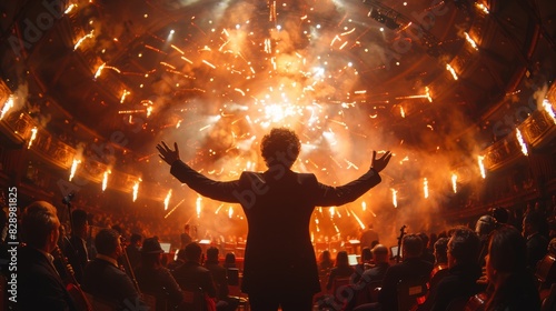 A conductor with arms raised in celebration as fireworks explode in a grand theatre, capturing the climax of a performance