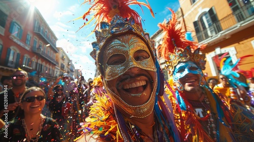 Jubilant individual adorned in vibrant carnival attire and mask celebrates with confetti and joyous crowd in the background