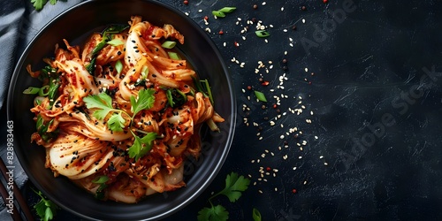 Kimchi in Korean Cuisine: Top View on Black Background. Concept Korean Cuisine, Kimchi, Food Photography, Top View, Black Background