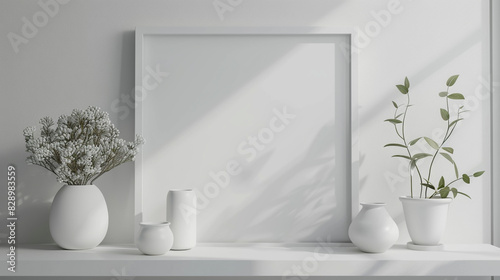 White mock up frame in modern interior, close up for white pots on shelf, minimal design, 3D rendering, 3D illustration.