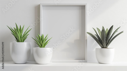 White mock up frame in modern interior, close up for white pots on shelf, minimal design, 3D rendering, 3D illustration.