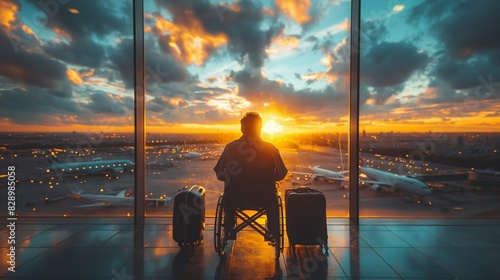 man in a wheelchair with luggage at the airport