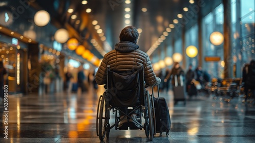 man in a wheelchair with luggage at the airport