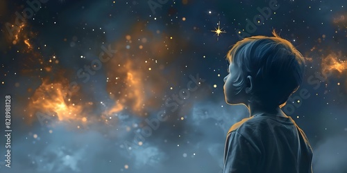 Child looks up at the stars at night, dreaming of infinite possibilities and aspirations. Concept Dreams, Ambitions, Night Sky, Childhood, Imagination