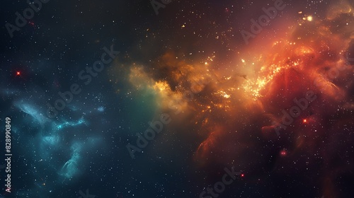 An abstract background of space with galaxies and nebulae, glowing in shades of blue, orange, red, and purple, creating an otherworldly atmosphere. 