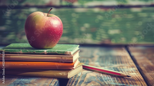 A closeup of an apple on top of school books and a pencil, with the background blurred to emphasize the subject.