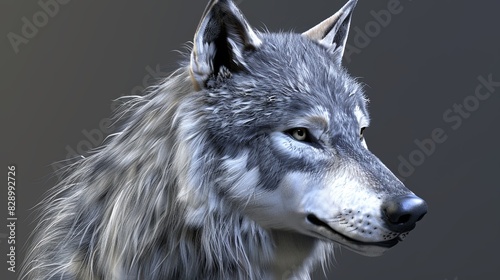 A wolf stands in a field with his head held high, showing strength and power. Profile of a wolf's head against a forest background. View from the side. Illustration for cover, card, interior design.