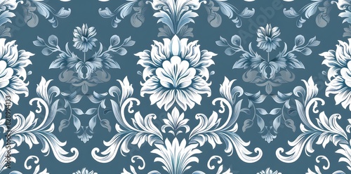 Vector illustration of a beautiful vintage retro wallpaper white floral pattern on a blue background, Vintage decorative element,
