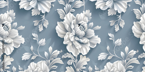 Vector illustration of a beautiful vintage retro wallpaper white floral pattern on a blue background, Vintage decorative element,
