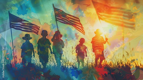Young Children Paying Tribute to Veterans: Double Exposure Silhouette of Gratitude with Vibrant Flags - Close-up Focus on Copy Space