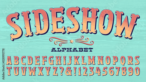 An ornate and colorful alphabet that might be used at a theme park, food stand, county fair, rodeo, poster, antique show, etc.
