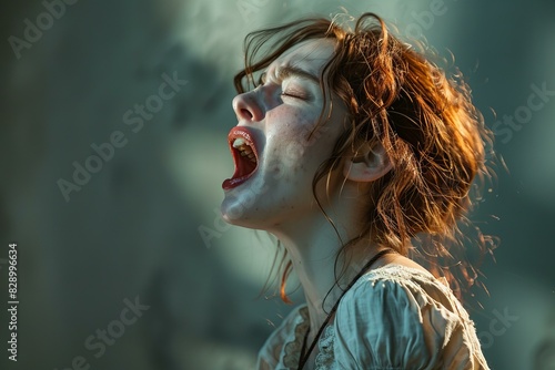 A woman is seen screaming with her mouth open, high quality, high resolution