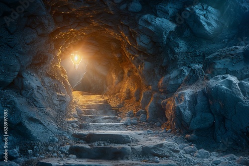 A rock cave with exit path and sun light, high quality, high resolution