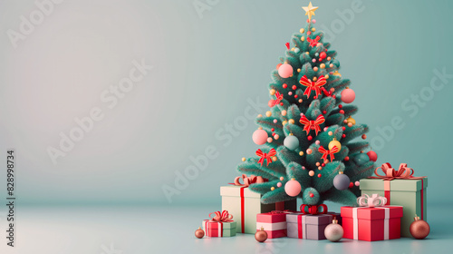 Festive christmas tree with gifts and ornaments. Banner with copy space