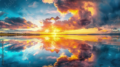 A panoramic view of a sunset at a northern European lake coast, with the sky transitioning from blue to a burst of yellow and orange hues, mirrored perfectly in the lakea??s surface.